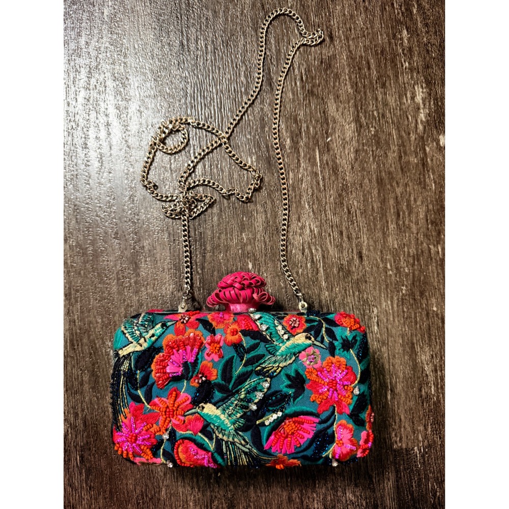 Anthropologie Embroidered Hummingbird Floral Clutch Teal Beaded Evening Bag